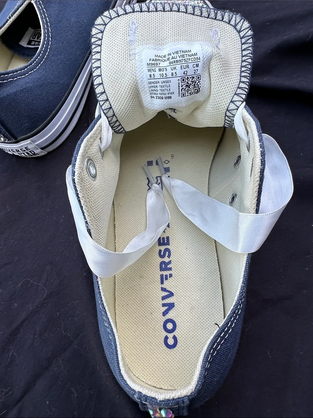 Converse Navy Low Top Sneakers with White Ribbon Laces and Crystal Toes - Picture 5 of 6